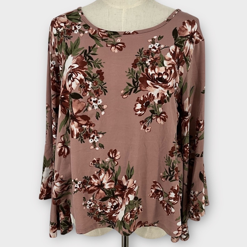 Peasant Womens Floral Bell Sleeve‎ Keyhole Back Top M Cottage Core Boho Flowy